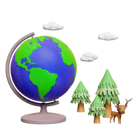 3d planet earth model, globe rotating on stand from plasticine with deer standing on pine forest, clay toy icon isolated. earth day concept, 3d render illustration png