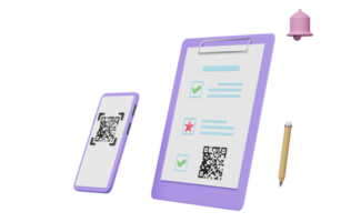 checkliste mit handy, smartphone, qr-code scannen, weiße zwischenablage, scheck, benachrichtigungsglocke isoliert. online-marketing, geschäftsstrategiekonzept, 3d-illustration, 3d-rendering png