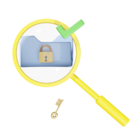 magnifying glass with unlock, lock, cloud folder isolated. minimal web data search engine concept, 3d illustration or 3d render png