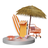 stage podium with mobile phone or smartphone store front, umbrella, palm leaf, surfboard, cart, shellfish isolated. online shopping summer sale concept, 3d illustration, 3d render png