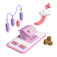 téléphone portable, smartphone avec devanture de magasin, graphiques, graphique, analyse des données financières de l'entreprise, marketing en ligne, cloud, pièces de monnaie, flèche isolée. Rendu d'illustration 3D png