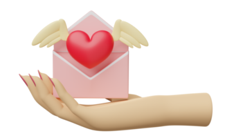 main tenant un coeur rouge avec des ailes, enveloppe volante isolée. notifier la newsletter, les e-mails entrants en ligne, l'amour de la santé ou la journée mondiale du cœur, le concept de la Saint-Valentin, l'illustration 3d, le rendu 3d png