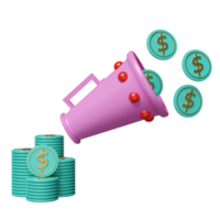 mégaphone ou haut-parleur à main avec des piles de pièces en dollars isolées. achats en ligne, concept de stratégie commerciale, illustration 3d ou rendu 3d png