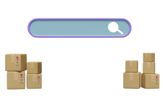 search bar blank with magnifying glass, stacked goods cardboard box isolated. web search engine or web browsing concept, 3d illustration or 3d render png