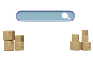 ricerca bar vuoto con ingrandimento bicchiere, impilati merce cartone scatola isolato. ragnatela ricerca motore o ragnatela navigazione concetto, 3d illustrazione o 3d rendere png