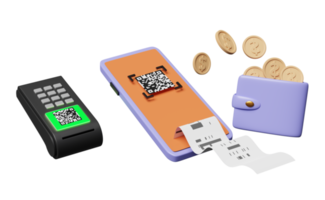 mobiel telefoon of smartphone met qr code scannen, betaling machine, pos terminal, elektronisch rekening, portemonnee, munt geïsoleerd. online boodschappen doen concept, 3d illustratie, 3d geven png