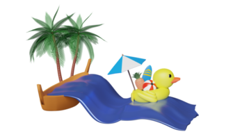 pato inflable amarillo con paraguas, pelota, piña, tabla de surf, palmeras, olas marinas, barco aislado. fondo abstracto, concepto de viaje de verano, ilustración 3d o presentación 3d png
