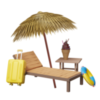 silla de playa con hoja de palma, sombrilla, aro salvavidas, maleta, conos de gofres de helado aislados. concepto de venta de verano de compras en línea, ilustración 3d o presentación 3d png
