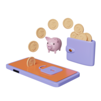 mobile phone, smartphone with wallet, dollar coin, unlock, piggy bank isolated. Internet security, privacy protection, ransomware protect concept, 3d illustration, 3d render png