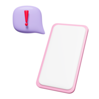 3d mobile phone, smartphone with red exclamation icon sign, speech bubble sign isolated. warning mark concept, 3d illustration render png