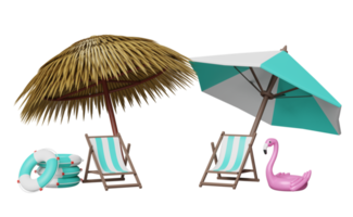 summer travel with beach chair, palm leaf, umbrella, lifebuoy, Inflatable flamingo isolated. shopping summer sale concept, 3d illustration or 3d render png