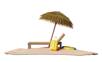 silla de playa con sombrilla, palmera, aro salvavidas, playa, maleta aislada. concepto de viaje de verano, ilustración 3d o presentación 3d png