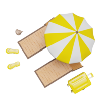 summer travel with yellow suitcase, beach chair, umbrella, sandals isolated. concept 3d illustration or 3d render, top view png