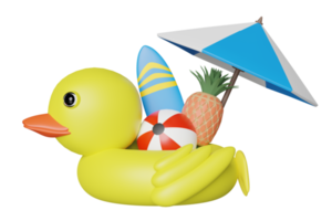 yellow inflatable duck with umbrella, ball, pineapple, surfboard isolated. summer travel concept, 3d illustration or 3d render