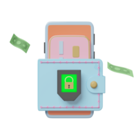 billetera de hardware con teléfono móvil, teléfono inteligente, tarjeta de crédito aislada. seguridad de moneda criptográfica de Internet, protección de privacidad, concepto de protección de ransomware, ilustración 3d, presentación 3d png