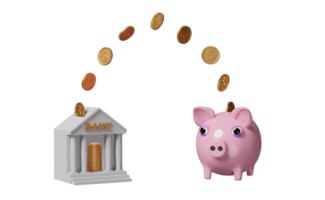 roze varkentje bank met bank of belasting kantoor gebouw, munt geïsoleerd. besparing geld concept, 3d illustratie, 3d geven png