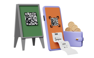 téléphone portable ou smartphone avec lecture de code qr, facture électronique de paiement, portefeuille, pièce de monnaie, enseigne de devanture de magasin isolée. concept d'achat en ligne, illustration 3d, rendu 3d png