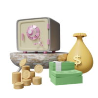 cylinder podium marble with safe box, coins stack, banknote, bag money dollar isolated. business banking concept, 3d illustration or 3d rendering png