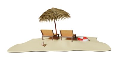 beach chair wooden with umbrella, lifebuoy, seaside, shellfish, island isolated. summer travel concept, 3d illustration or 3d render png