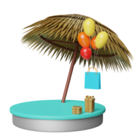 zylinderbühnenpodium mit palmblatt, regenschirm, einkaufspapiertüten, luftballons, geschenkbox isoliert. shopping sommerschlussverkauf, sommerreisekonzept, 3d-illustration oder 3d-rendering png