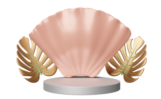 cilindro palcoscenico podio vuoto con crostacei, oro foglia Monstera isolato. moderno palcoscenico Schermo, minimalista modello, astratto vetrina sfondo. concetto 3d illustrazione, 3d rendere png