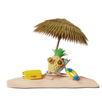 strand stol med paraply, handflatan träd, livboj, havet, ananas, solglasögon, resväska, ö isolerat. sommar resa begrepp, 3d illustration eller 3d framställa png