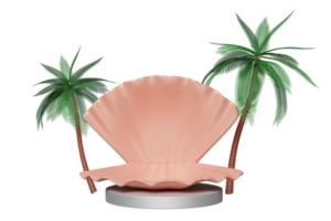 cylinder stage podium empty with shellfish, coconut palm tree isolated. modern stage display, minimalist mockup, abstract showcase background. Concept 3d illustration, 3d render png