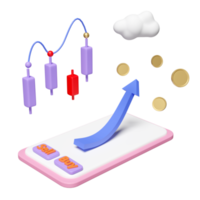 teléfono móvil, teléfono inteligente con gráficos y gráficos, análisis de datos financieros comerciales, marketing en línea, nube, monedas aisladas. ilustración 3d o renderizado 3d png