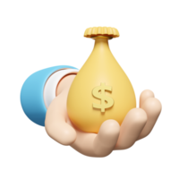 Manos de hombre de negocios de dibujos animados 3D sosteniendo bolsa de dinero aislado. aprobación rápida de crédito o concepto de aprobación de préstamo, ilustración de renderizado 3d png