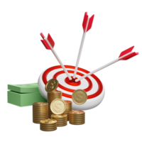 wit rood doelwit met darts of pijl, stapel dollar bankbiljet, geld munten geïsoleerd. bedrijf doel concept, 3d illustratie of 3d geven png