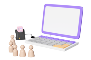 Ordinateur portable violet 3d avec rangée de figures en bois, lecteur de carte à puce, lecteur de carte usb externe, icône de carte d'identité isolée. illustration de rendu 3d png