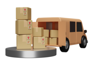 camión 3d, furgoneta de reparto naranja con podio, caja de cartón de mercancías aislada. servicio, transporte, concepto de envío, ilustración 3d png