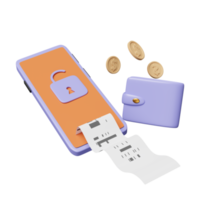 handy, smartphone mit brieftasche, münze, freischalten, rechnung, papierquittung isoliert. internetsicherheit, datenschutz, ransomware-schutzkonzept, 3d-illustration, 3d-rendering png