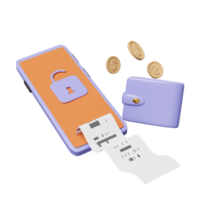 téléphone portable, smartphone avec portefeuille, pièce de monnaie, déverrouillage, facture, reçu papier isolé. sécurité Internet, protection de la vie privée, concept de protection contre les rançongiciels, illustration 3d, rendu 3d png