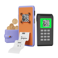 handy oder smartphone mit qr-code-scannen, zahlungsautomat, pos-terminal, elektronischer rechnung, brieftasche, münze isoliert. online-shopping-konzept, 3d-illustration, 3d-rendering png