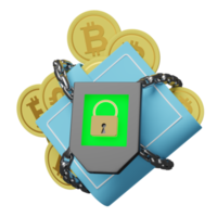 Hardware wallet with chain, bitcoin coin isolated. Internet crypto currency security, privacy protection, ransomware protect concept, 3d illustration, 3d render png