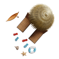 Strandkorb mit Sonnenschirm, Palme, Rettungsring, Meer, Sandalen, Boot, Insel, Seestern, Krabbe isoliert. sommerreisekonzept, 3d-illustration oder 3d-rendering, draufsicht png