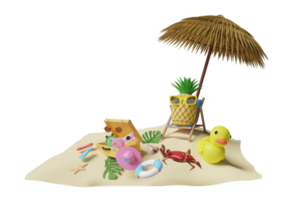 beach chair with umbrella, palm tree, lifebuoy, seaside, pineapple, sunglasses, suitcase, duck, crab isolated. summer travel concept, 3d illustration or 3d render png