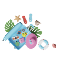 summer travel with blue suitcase, sunglasses, hat, palm leaf, lifebuoy, sandals, starfish, space, shellfish, alarm clock isolated. top view, concept 3d illustration or 3d render png