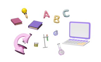 3d bärbar dator dator övervaka med mikroskop, bägare, testa rör, karaktär ABC lera leksak ikon flyta isolerat. rum uppkopplad innovativ utbildning, 3d framställa illustration png