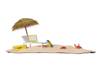 chaise de plage avec parasol, palmier, bouée de sauvetage, bord de mer, crabe, valise isolée. concept de voyage d'été, illustration 3d ou rendu 3d png