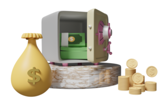 Mármore de pódio de cilindro com cofre aberto, pilha de moedas, notas, dólar de dinheiro de saco isolado. conceito bancário de negócios, ilustração 3d ou renderização 3d png