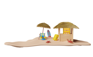 tienda de café con isla, vitrinas de helados o nevera, maleta, paraguas, palmera, aro salvavidas, silla de playa, paraguas, concepto de viaje de verano, ilustración 3d o presentación 3d png