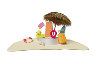 summer travel with cylinder stage podium, umbrella, lifebuoy, yellow duck, seaside, mobile phone, suitcase isolated. online shopping summer sale, 3d illustration or 3d render png