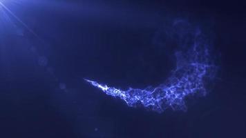 abstrata linha mágica brilhante voadora de partículas azuis de energia nos raios de um sol brilhante em um fundo escuro. fundo abstrato. vídeo em 4k de alta qualidade, design de movimento video