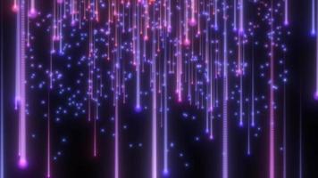 Abstract blue flying vertical glowing neon lines meteorites of energy and light from magic energy dots particles on a black background. Abstract background. Video in high quality 4k, motion design