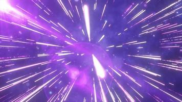 Abstract purple flying stars bright glowing in space with particles and magical energy lines in a tunnel in open space with sun rays. Abstract background. Video in high quality 4k, motion design