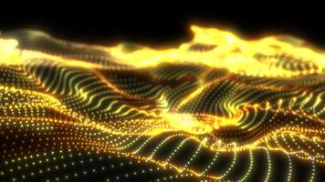 Abstract yellow futuristic waves from a grid of particles lines glowing bright shiny neon digital magical energy on a dark background. Abstract background. Video in high quality 4k, motion design