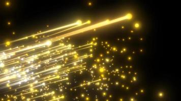 Abstract yellow flying diagonal luminous lines meteorites of energy and light from magical energy dots particles on a black background. Abstract background. Video in high quality 4k, motion design