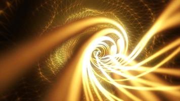 abstract geel futuristische tunnel van een rooster van deeltjes lijnen gloeiend helder glimmend neon digitaal magisch energie Aan een donker achtergrond. abstract achtergrond. video in hoog kwaliteit 4k, beweging ontwerp